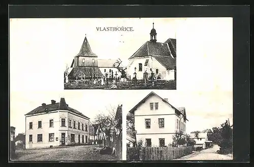 AK Vlastiborice, Kirche mit Friedhof, Strassenpartie