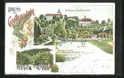 Lithographie Grafenstein, Restaurant beim Steyrer Franzl, Schloss Grafenstein