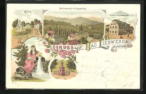 Lithographie Bad Liebwerda / Lazne Libverda, Gasthaus zum schwarten Adler, Kurplatz