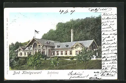 AK Bad Königswart, Blick auf das Badehaus mit leuchtenden Fenstern