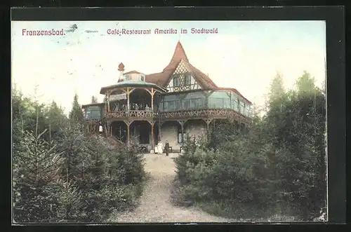 AK Franzensbad, Café-Restaurant Amerika im Stadtwald