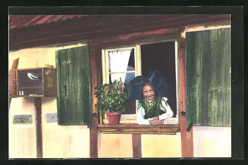 AK Un bonjour au passant, Frau in elsass-lothringische Tracht