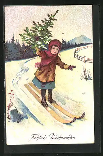 Präge-AK Mädchen mit Tannenbaum auf Skiern, Weihnachtsgruss