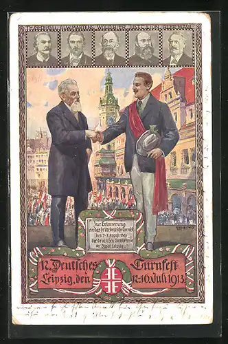 Künstler-AK Leipzig, 12. Deutsches Turnfest 1913, Zwei Herren geben sich die Hand
