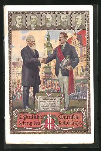 Künstler-AK Leipzig, 12. Deutsches Turnfest 1913, Zwei Herren geben sich die Hand