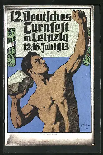 Künstler-AK Leipzig, 12. Deutsches Turnfest 1913, Sportler mit einem Stein