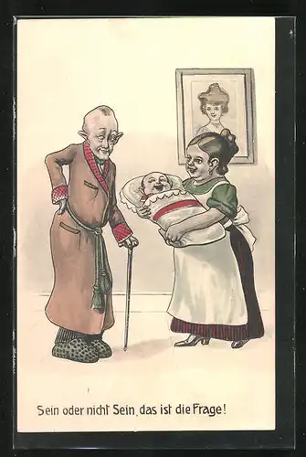 AK Sein oder nicht Sein..., Frau mit Baby auf dem Arm und Mann mit Segelohren, Scherz