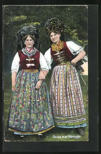 AK Gruss aus Thüringen, Zwei Frauen in thüringischer Tracht