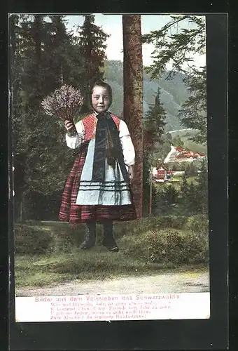 AK Schwarzwald, Schwarzwälder Tracht, Kleines Mädchen mit Blumenstrauss