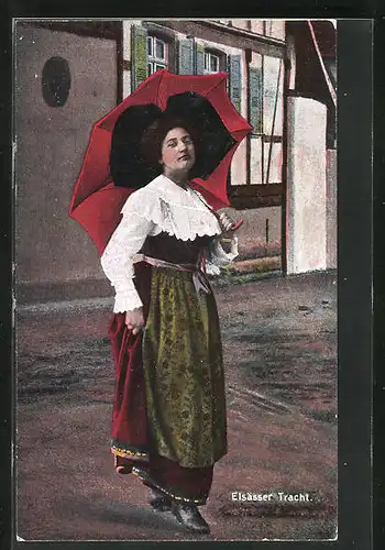 AK Junge Frau in elsass-lothringischer Tracht mit Schirm
