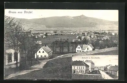 AK Dörfel, Strassenpartie mit Schule und Turnhalle, Ortsansicht