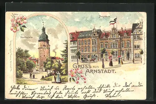 Lithographie Arnstadt i. Th., Am Neuthorturm, Ansicht des Postgebäudes