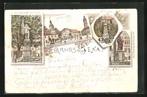 Lithographie Jena, Rathaus und Markt, Fritz Reuter-Denkmal