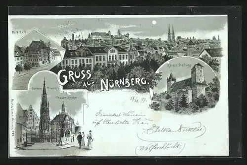 Mondschein-Lithographie Nürnberg, Frauen-Kirche, Dürerhaus, Kaiser-Stallung, Ortsansicht