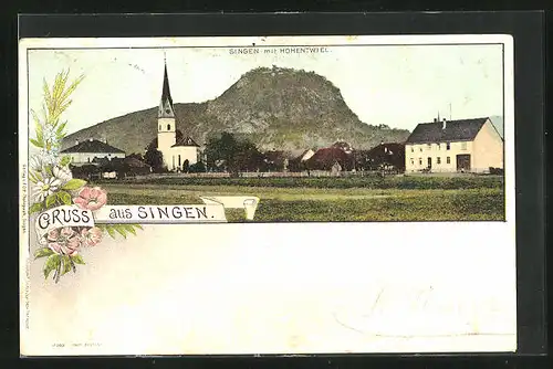 AK Singen, Ortsansicht mit Kirche und Hohentwiel