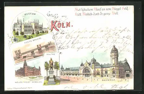 Lithographie Köln, Bahnhof, Museum, Feste Brücke, Neues Post-Gebäude