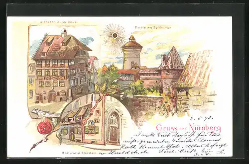 Sonnenschein-AK Nürnberg, Bratwurst Glöcklein, Albrecht Dürer Haus, Partie am Spitlerthor