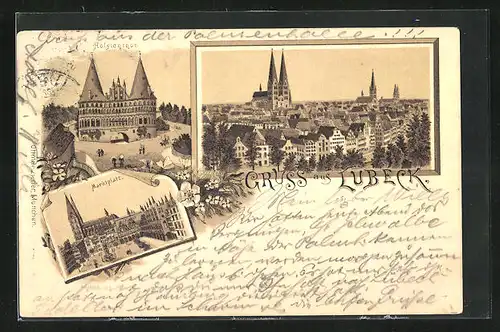 Lithographie Lübeck, Holstenthor, Marktplatz, Ortsansicht