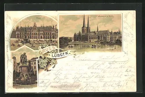 Lithographie Lübeck, Post, Geibet-Denkmal, Museum u. Dom