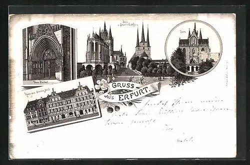 Lithographie Erfurt, Gasthaus zum Greiten Herd, Dom Portal, Severinkirche