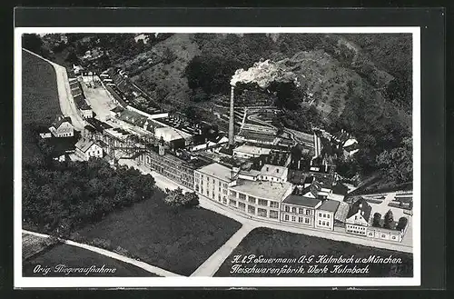 AK Kulmbach, Fliegeraufnahme von H. & P. Sauermann a.-G. Fleischwarenfabrik