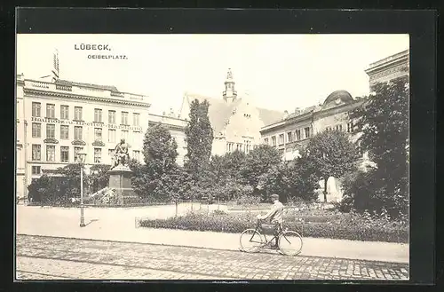 AK Lübeck, Geibelplatz mit Bauholz- u. Bretter-Handlung