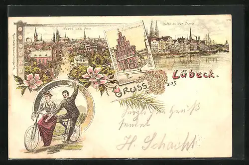 Lithographie Lübeck, Schifferhaus, Hafen an der Trave, Paar auf Tandem