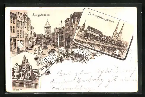 Lithographie Lübeck, Dom v. d. Trave aus gesehen, Burgstrasse, Schifferhaus