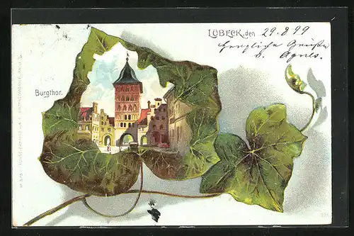 Passepartout-Lithographie Lübeck, Burgtor im Eichenblatt