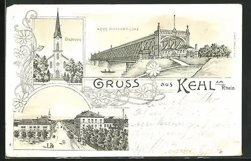 Lithographie Kehl am Rhein, Neue Rheinbrücke, Stadtkirche, Strassenpartie