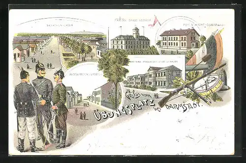 Lithographie Darmstadt, Preuss. Stabs-Gebäude, Post & Wach-Commando, Restauration Viertel, Soldaten, Stabs Offizier Geb.