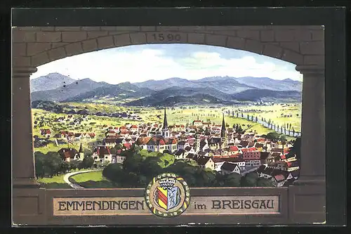 AK Emmendingen im Breisgau, Gesamtansicht der Stadt mit Wappen