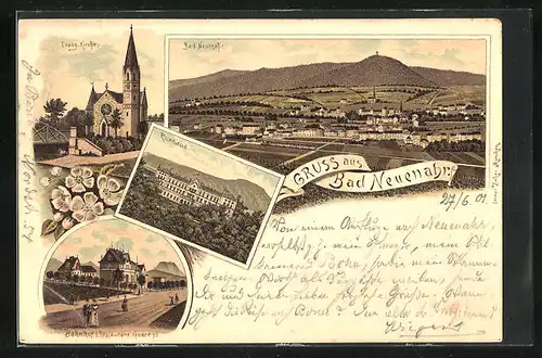 Lithographie Bad Neuenahr, Evang. Kirche, Bahnhof Restaurant Goeres, Kurhaus
