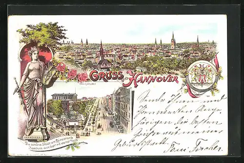 Lithographie Hannover, Blick in die Georgstrasse, Hannovera, Wappen, Gesamtansicht