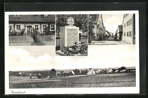 AK Fernabrünst, Geschäft Staudacher, Dorftrasse, Kriegerdenkmal