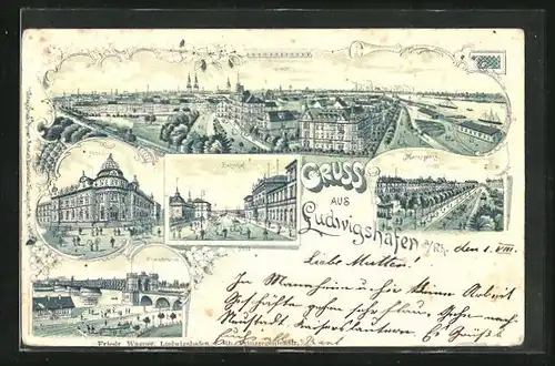 Lithographie Ludwigshafen, Markplatz, Bahnhof, Post, Rheinbrücke