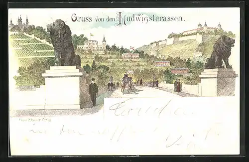 Lithographie Würzburg, Blick auf die Ludwigsterrassen mit Löwenstatuen