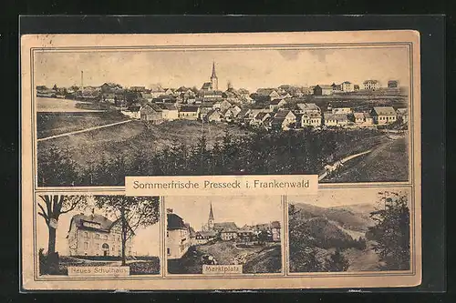 AK Presseck / Frankenwald, Neues Schulhaus, Marktplatz, Gesamtansicht