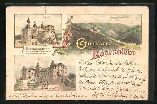 Lithographie Lauenstein, Schlossthor, Schlosshof