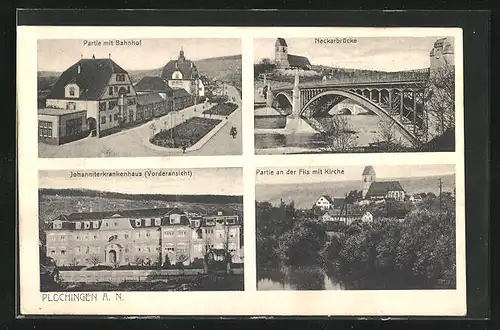 AK Plochingen a. N., Bahnhof, Neckarbrücke, Johanniterkrankenhaus, Kirche