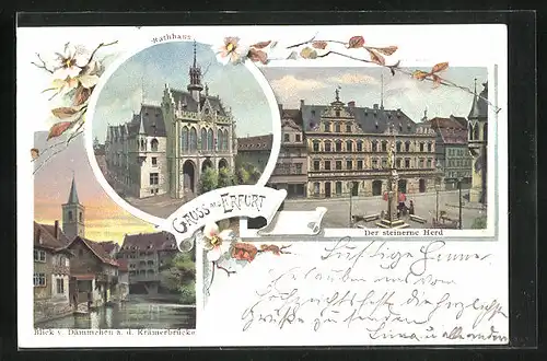 AK Erfurt, Rathaus, Der steinerne Herd, Blick v. Dämmchen an der Krämerbrücke