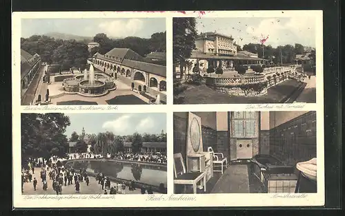 AK Bad-Nauheim, Das Kurhaus mit Terrasse, Die drei Badesprudel mit Badehäusern und Park, Inneres Normalbadezelle