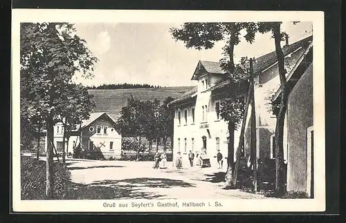 AK Hallbach i. Sa., Strassenpartie mit Seyferts Gasthof