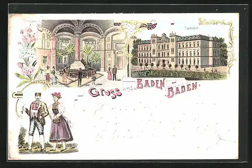 Lithographie Baden-Baden, Landesbad, Trinkhalle, Paar in Schwarzwälder Tracht