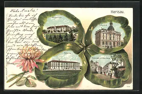Passepartout-Lithographie Herisau, Poststrasse mit Hotel Löwen, Postamt, Krankenhaus & Kaserne im Kleeblatt