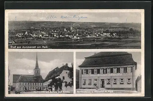 AK Sommerach / Main, Restauration & Bäckerei A. Pfaff, Marktplatz mit Schule & Kirche, Totalansicht
