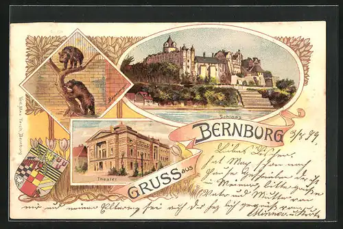 Lithographie Bernburg, Theater, Schloss, Bärenzwinger, Wappen