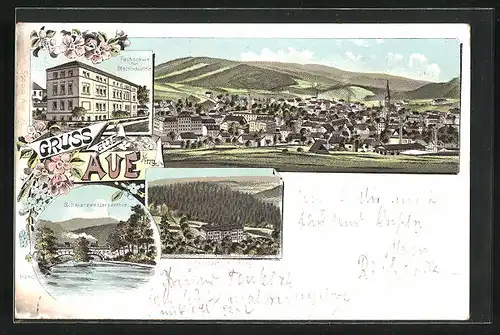 Lithographie Aue / Erzgebirge, Fachschule für Blechindustrie, Heilanstalt Dr. Pilling, Schwarzwasser-Partie