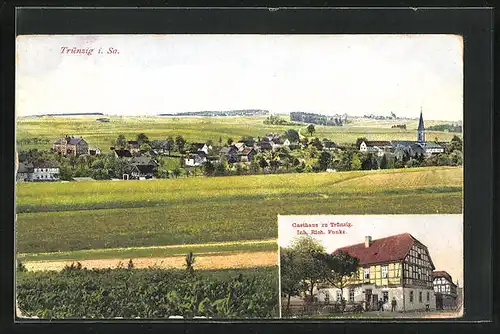 AK Trünzig i. Sa., Gasthaus zu Trünzig Inh. Rich. Funke, Totalansicht der Ortschaft