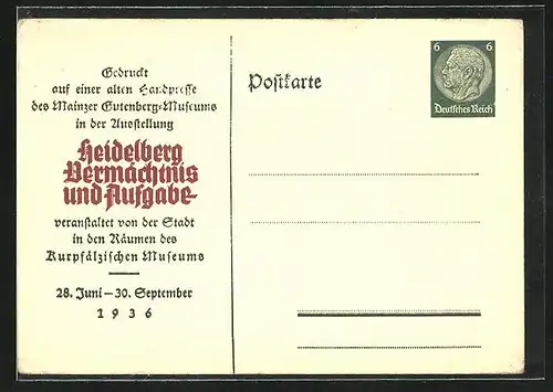 AK Ganzsache PP127C20: Heidelberg, Buchdruck Heidelberg Vermächtnis und Aufgabe 1936, gedruckt auf alter Handpresse